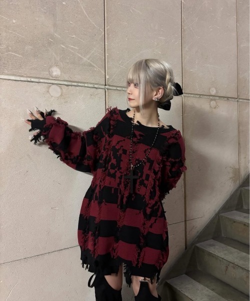 REFLEM/レフレム』ダメージボーダーニットPO/ニットプルオーバー