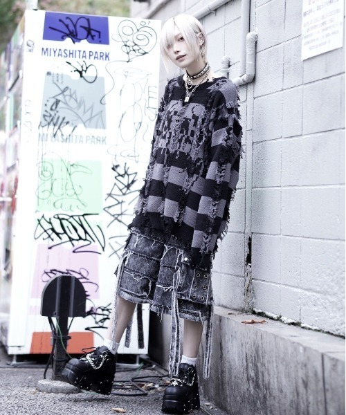 REFLEM/レフレム』ダメージボーダーニットPO/ニットプルオーバー