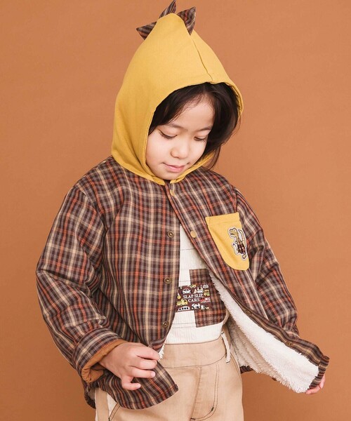SLAP SLIP（スラップスリップ）の「【リバーシブル】ツンツン恐竜トサカフード付きチェックボアジャケット(80~130cm)（ブルゾン・キッズ・グリーン系その他/ベージュ系その他・110cm/130cm/90cm/80ｃｍ/100cm/120cm）」の2枚目の写真