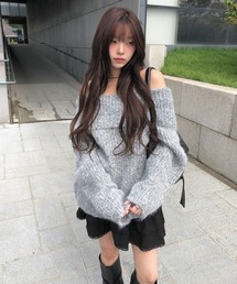 anyonemore | シュシュ付きオフショルダールーズシャギーニット(ニット/セーター)