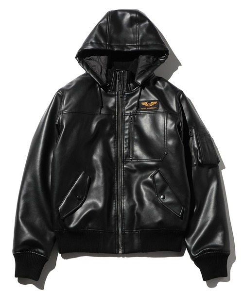 セール】フェイクレザー フーデッドリブジャケット/フライトジャケット