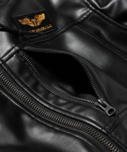 Valley Apparel(バレーアパレル)の「フェイクレザー フーデッドリブジャケット/フライトジャケット(ミリタリージャケット・メンズ・ブラック/ブラウン・MEDIUM/LARGE/X-LARGE/SMALL)」の7枚目の写真