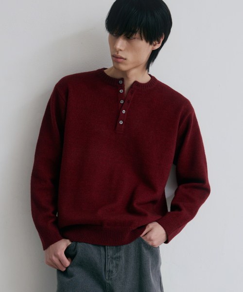 【美品】 RRL ヘンリーネックニット ネイティブ柄 一つ星 M ボーター 赤系 セール】デイリープレインヘンリーネックニット[バーガンディ]（ニット