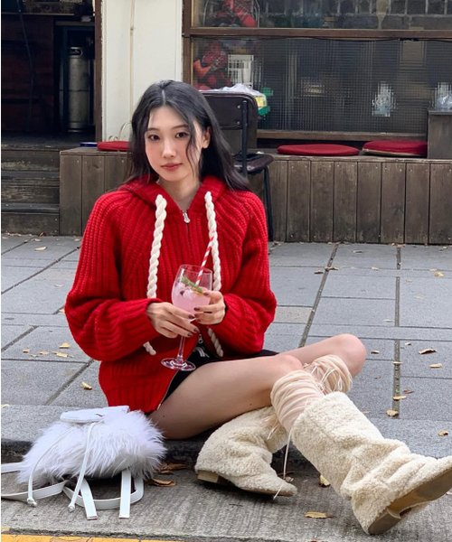 ROPE HOOD ZIP-UP KNIT RED（パーカー）｜YOUHEE（ユヒ）の