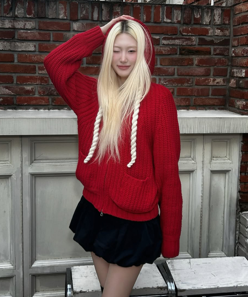 ROPE HOOD ZIP-UP KNIT RED（パーカー）｜YOUHEE（ユヒ）の