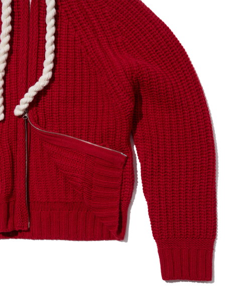 ROPE HOOD ZIP-UP KNIT RED（パーカー）｜YOUHEE（ユヒ）の