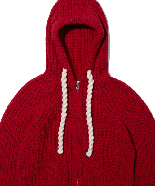 ROPE HOOD ZIP-UP KNIT RED（パーカー）｜YOUHEE（ユヒ）の