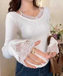 STAY MOTION | 【WEB限定】袖口レースニットトップス［韓国ファッション フェミンン］≪AW新作≫(ニット/セーター)