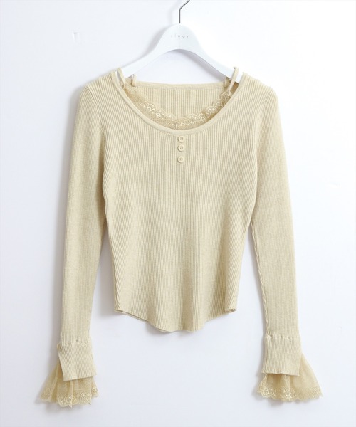 STAY MOTION（ステイモーション）の「【WEB限定】袖口レースニットトップス［韓国ファッション フェミンン］≪AW新作≫（ニット/セーター・レディース・ベージュ/アイボリー/チャコールグレー・F）」の5枚目の写真