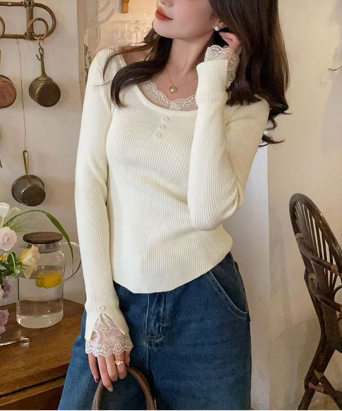 STAY MOTION（ステイモーション）の「【WEB限定】袖口レースニットトップス［韓国ファッション フェミンン］≪AW新作≫（ニット/セーター・レディース・ベージュ/アイボリー/チャコールグレー・F）」の8枚目の写真