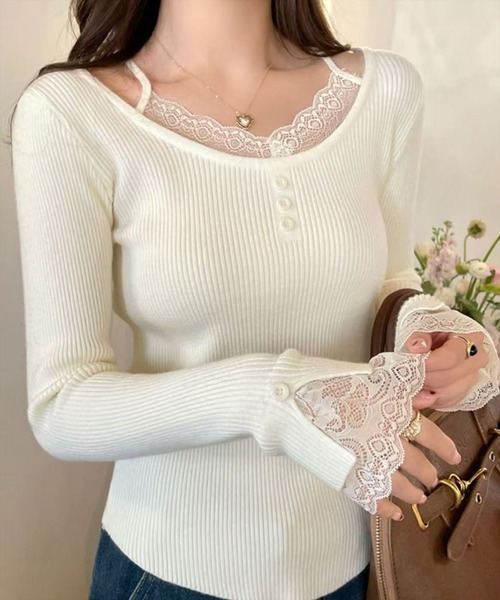 STAY MOTION（ステイモーション）の「【WEB限定】袖口レースニットトップス［韓国ファッション フェミンン］≪AW新作≫（ニット/セーター・レディース・ベージュ/アイボリー/チャコールグレー・F）」の9枚目の写真