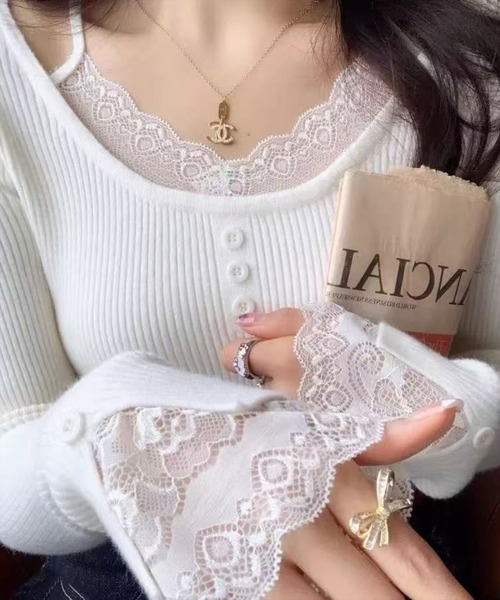 STAY MOTION（ステイモーション）の「【WEB限定】袖口レースニットトップス［韓国ファッション フェミンン］≪AW新作≫（ニット/セーター・レディース・ベージュ/アイボリー/チャコールグレー・F）」の11枚目の写真