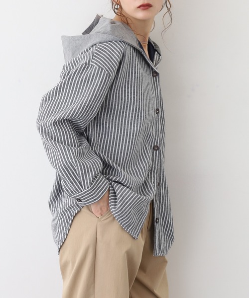 Quelle Chance(ケルシャンス)の「裏フリース素材 フード付きシャツ(シャツ/ブラウス・レディース・ネイビー系1/ホワイト×ネイビー/グレー系その他2・M/L)」の10枚目の写真