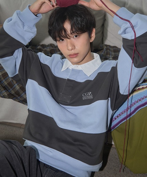 codegraphy（コードグラフィー）の「Small Square Logo Stripe Rugby Man-to-Man CBEWUTL030（Tシャツ/カットソー・メンズ・バーガンディー/ブルー/オリーブ・SMALL/MEDIUM/LARGE）」の2枚目の写真