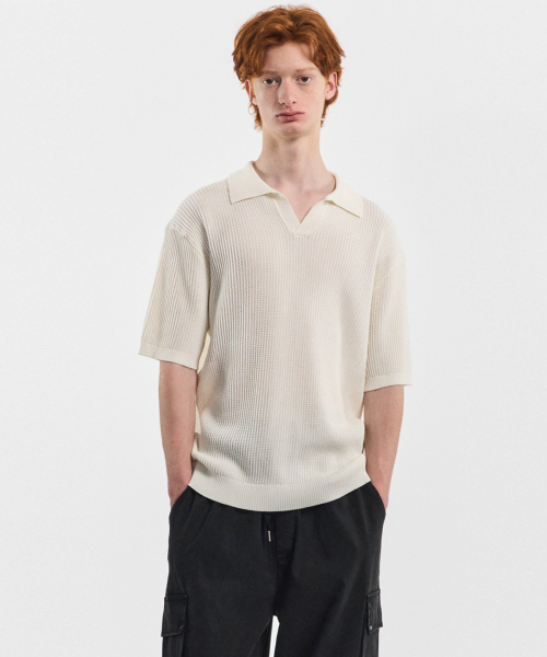BLACK MOMENT（ブラックモーメント）の「ミニマルワッフルカラー ニット半袖Tシャツ[ブラック]（ニット/セーター・メンズ・ブラック・MEDIUM/LARGE）」の4枚目の写真