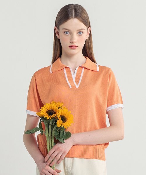 BLOND9(ブロンドナイン)の「クールカラーカラーカラ半袖ニット_オレンジ(ニット/セーター・レディース・オレンジ・MEDIUM/SMALL)」の1枚目の写真