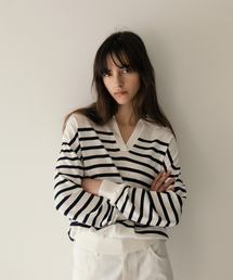 w. Sailor Silk Open-collar Knit (White-Navy)