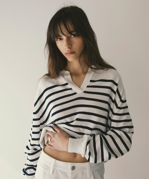 ANOTHER OFFICE WOMEN（アナザー オフィス ウーマン）の「w. Sailor Silk Open-collar Knit (White-Navy)（ニット/セーター・レディース・その他・0）」の2枚目の写真