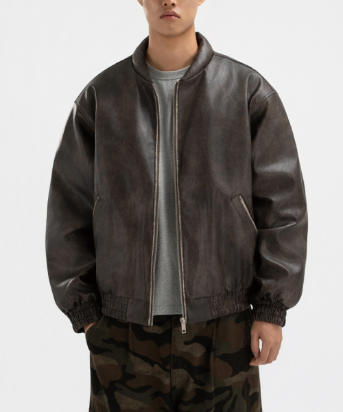 UNDEROFF(アンダーオフ)の「ヴィンテージレザーパディッドブルゾンブラウン(ライダースジャケット・メンズ・ブラウン・LARGE/X-LARGE/MEDIUM)」の1枚目の写真