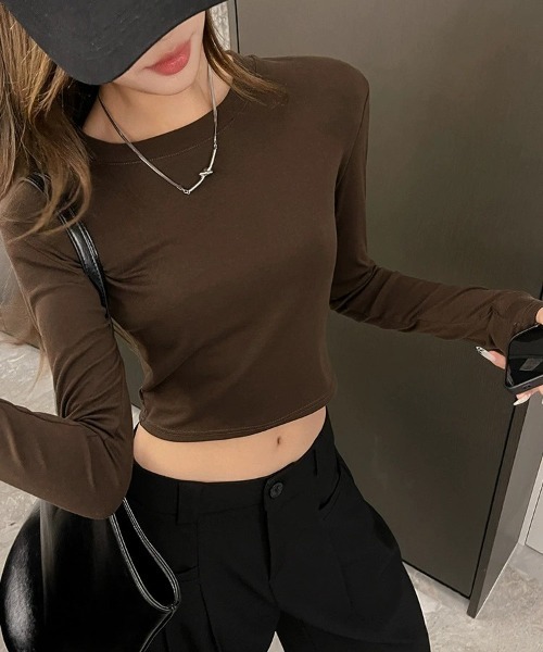 gossip!ロサンゼルス(ゴシップロサンゼルス)の「クロップドロングスリーブTシャツ(Tシャツ/カットソー・レディース・ホワイト/ブラウン/グレー/ブラック・M/L)」の6枚目の写真