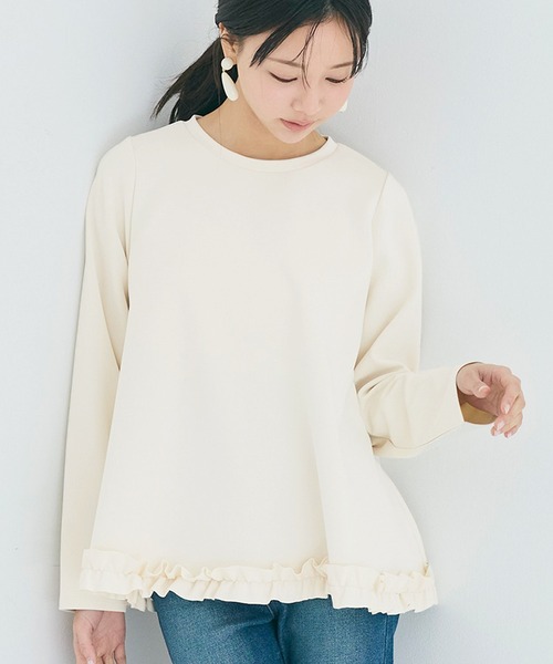 coca(coca)(コカ)の「スムース裾フリルAライントップス(Tシャツ/カットソー・レディース・アイボリー/ブラック・M/L/S)」の1枚目の写真