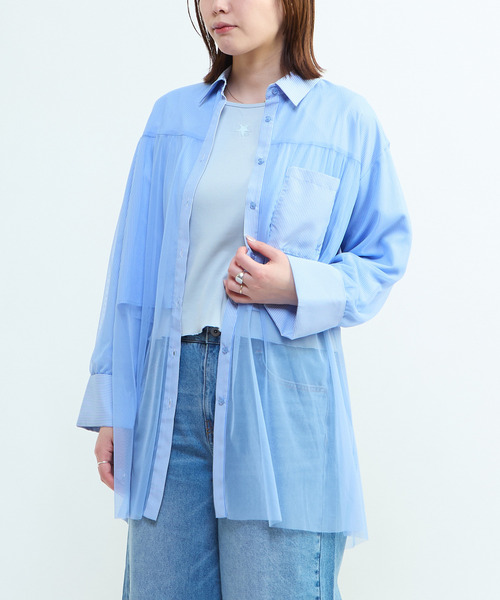 CONVERSE TOKYO(コンバーストウキョウ)の「TULLE LAYERED STRIPE SHIRT(シャツ/ブラウス・レディース・ブラック/ブルー/ネイビー・FREE)」の1枚目の写真