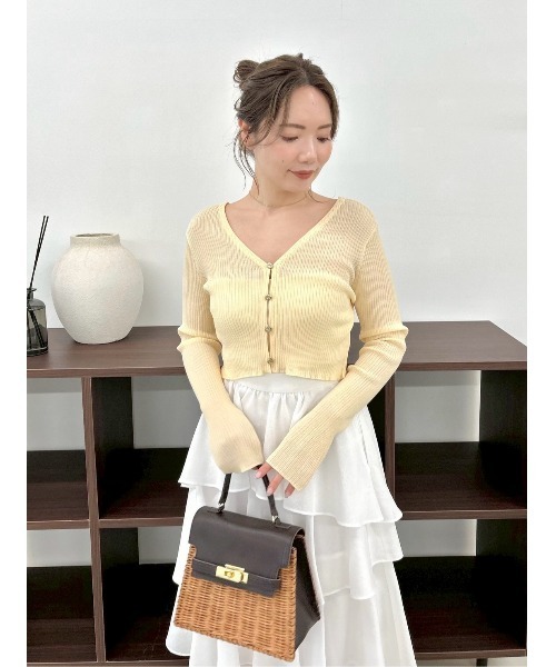 FRAY I.D（フレイアイディー）の「シルクコットンクロップドリブニットカーディガン（カーディガン/ボレロ・レディース・ブラック/イエロー/オレンジ/ホワイト/グリーン・F）」の22枚目の写真