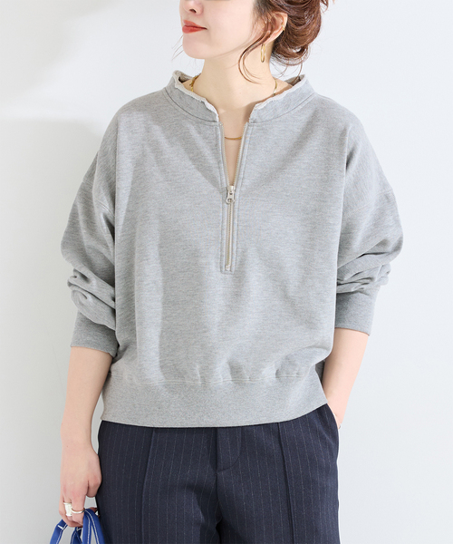 B.C STOCK（ベーセーストック）の「《追加2》ウォッシャブル / 裏毛ハーフジッププルオーバー（スウェット・レディース・グレー/イエロー/アイボリー/カーキ/ブラック・FREE）」の2枚目の写真