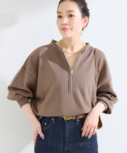 B.C STOCK（ベーセーストック）の「《追加2》ウォッシャブル / 裏毛ハーフジッププルオーバー（スウェット・レディース・グレー/イエロー/アイボリー/カーキ/ブラック・FREE）」の4枚目の写真