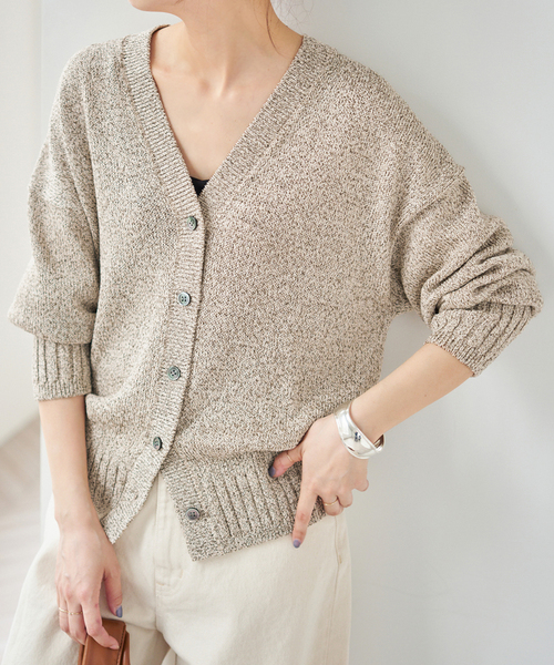 Spick & Span(スピックアンドスパン)の「《追加》レーヨンペーパーヤーンVネックカーディガン(カーディガン/ボレロ・レディース・ベージュ/ブラック・FREE)」の1枚目の写真