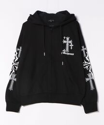 ゴシック クロスモチーフ グラフィックプリント 裏毛 ポンチ スウェット ジップパーカー【UNISEX】