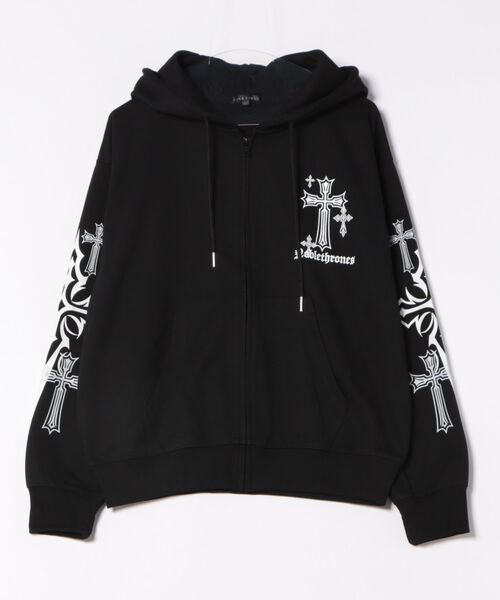 d.l.a. DANGERプリント パーカー 黒 ゴシック クロスモチーフ グラフィックプリント 裏毛 ポンチ