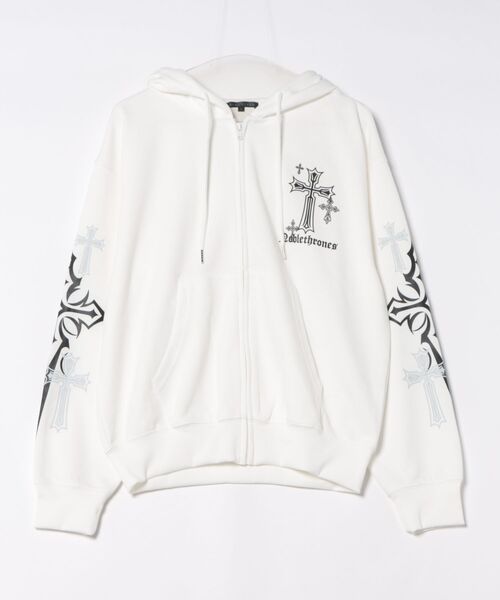 BENDER TOKYO(ベンダートウキョウ)の「ゴシック クロスモチーフ グラフィックプリント 裏毛 ポンチ スウェット ジップパーカー【UNISEX】(パーカー・メンズ・ブラック×グリーン/ホワイト/ブラック×ホワイト・M/L)」の2枚目の写真