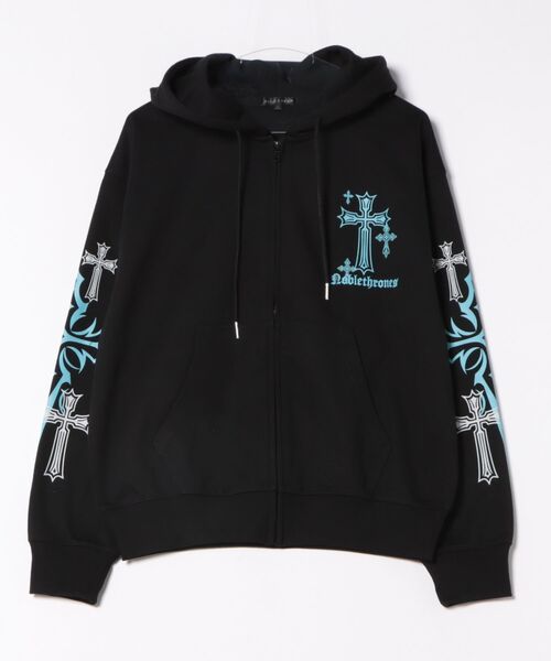 BENDER TOKYO(ベンダートウキョウ)の「ゴシック クロスモチーフ グラフィックプリント 裏毛 ポンチ スウェット ジップパーカー【UNISEX】(パーカー・メンズ・ブラック×グリーン/ホワイト/ブラック×ホワイト・M/L)」の3枚目の写真