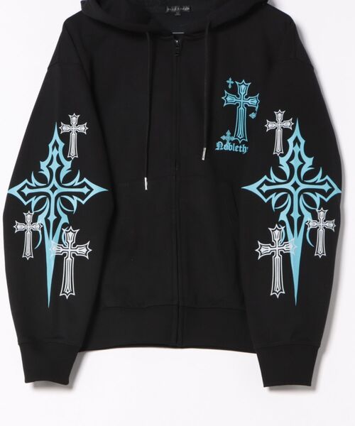 BENDER TOKYO(ベンダートウキョウ)の「ゴシック クロスモチーフ グラフィックプリント 裏毛 ポンチ スウェット ジップパーカー【UNISEX】(パーカー・メンズ・ブラック×グリーン/ホワイト/ブラック×ホワイト・M/L)」の7枚目の写真