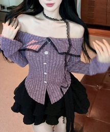 オフショルラメリブトップス レースチョーカー付き