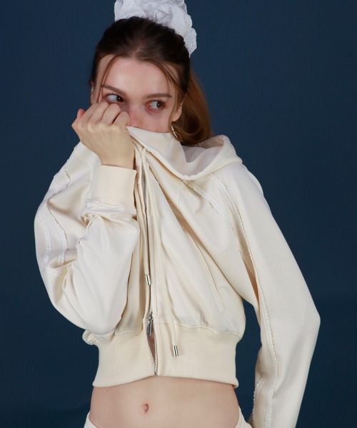 mieya mieya(ミーヤミーヤ)の「【mieya mieya】TAFFY LINE ZIP-UP/タフィーラインジップアップ(パーカー・レディース・クリーム/チャコールグレー/グレー・FREE)」の3枚目の写真