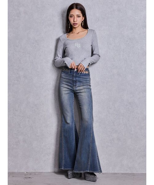 GYDA（ジェイダ）の「ハイウエストopen ring bijou studsデザインフレアデニムパンツ（デニムパンツ・レディース・ライトブルー/インディゴブルー・MEDIUM/SMALL/X-SMALL）」の13枚目の写真