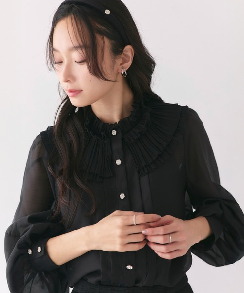 RUIRUE BOUTIQUE（ルイルエブティック）の「プリーツカラー ブラウス ｜ トップス・シャツ・オケージョンブラウス・長袖ブラウス・きれいめブラウス・オフィスカジュアルブラウス・プリーツブラウス・シアーブラウス（シャツ/ブラウス・レディース・ブラック/ホワイト・L/M/S）」の10枚目の写真
