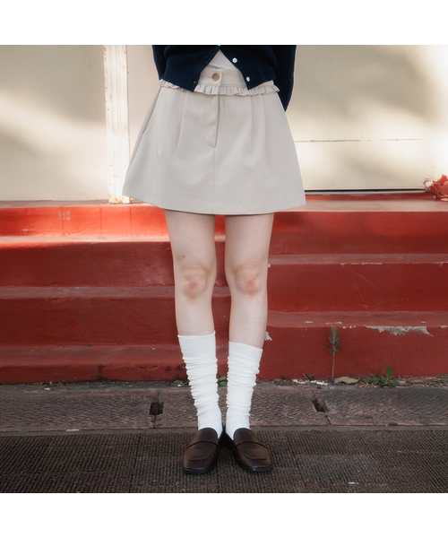Frill Waist Pintuck Miniskirt [Beige]