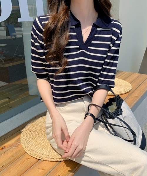 SEU(エスイーユー)の「ボーダー半袖Tシャツ スキッパーネックボーダートップス 【オフィスカジュアル】【きれいめカジュアル】 レディース韓国(Tシャツ/カットソー・レディース・アイボリー/ブラック/ネイビー・フリー)」の3枚目の写真