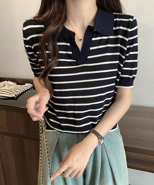 SEU(エスイーユー)の「ボーダー半袖Tシャツ スキッパーネックボーダートップス 【オフィスカジュアル】【きれいめカジュアル】 レディース韓国(Tシャツ/カットソー・レディース・アイボリー/ブラック/ネイビー・フリー)」の2枚目の写真