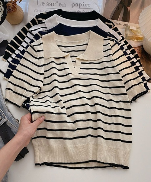SEU(エスイーユー)の「ボーダー半袖Tシャツ スキッパーネックボーダートップス 【オフィスカジュアル】【きれいめカジュアル】 レディース韓国(Tシャツ/カットソー・レディース・アイボリー/ブラック/ネイビー・フリー)」の4枚目の写真