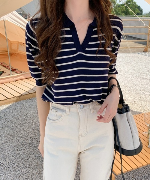 SEU(エスイーユー)の「ボーダー半袖Tシャツ スキッパーネックボーダートップス 【オフィスカジュアル】【きれいめカジュアル】 レディース韓国(Tシャツ/カットソー・レディース・アイボリー/ブラック/ネイビー・フリー)」の6枚目の写真