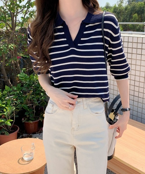 SEU(エスイーユー)の「ボーダー半袖Tシャツ スキッパーネックボーダートップス 【オフィスカジュアル】【きれいめカジュアル】 レディース韓国(Tシャツ/カットソー・レディース・アイボリー/ブラック/ネイビー・フリー)」の7枚目の写真