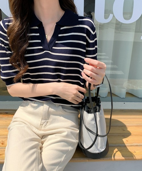 SEU(エスイーユー)の「ボーダー半袖Tシャツ スキッパーネックボーダートップス 【オフィスカジュアル】【きれいめカジュアル】 レディース韓国(Tシャツ/カットソー・レディース・アイボリー/ブラック/ネイビー・フリー)」の10枚目の写真