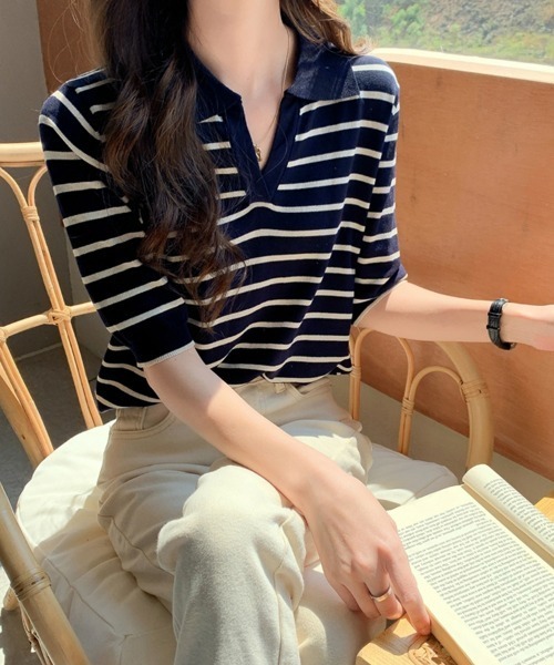 SEU(エスイーユー)の「ボーダー半袖Tシャツ スキッパーネックボーダートップス 【オフィスカジュアル】【きれいめカジュアル】 レディース韓国(Tシャツ/カットソー・レディース・アイボリー/ブラック/ネイビー・フリー)」の11枚目の写真