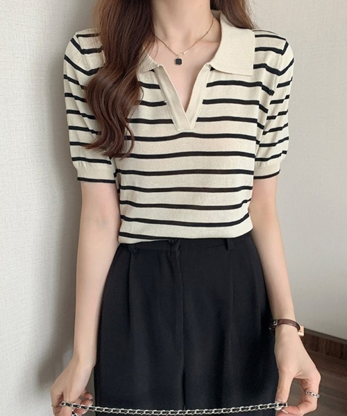 SEU(エスイーユー)の「ボーダー半袖Tシャツ スキッパーネックボーダートップス 【オフィスカジュアル】【きれいめカジュアル】 レディース韓国(Tシャツ/カットソー・レディース・アイボリー/ブラック/ネイビー・フリー)」の14枚目の写真
