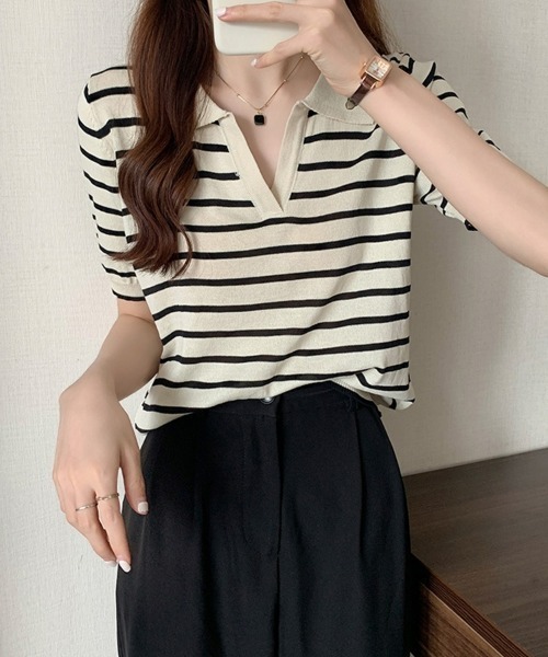 SEU(エスイーユー)の「ボーダー半袖Tシャツ スキッパーネックボーダートップス 【オフィスカジュアル】【きれいめカジュアル】 レディース韓国(Tシャツ/カットソー・レディース・アイボリー/ブラック/ネイビー・フリー)」の15枚目の写真