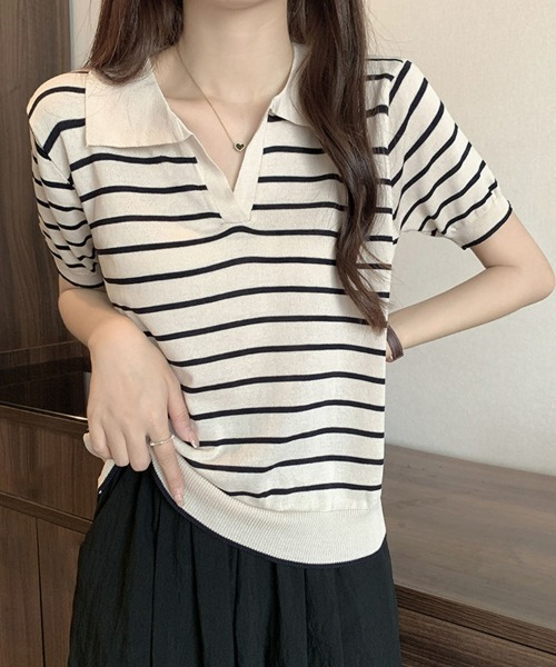 SEU(エスイーユー)の「ボーダー半袖Tシャツ スキッパーネックボーダートップス 【オフィスカジュアル】【きれいめカジュアル】 レディース韓国(Tシャツ/カットソー・レディース・アイボリー/ブラック/ネイビー・フリー)」の16枚目の写真
